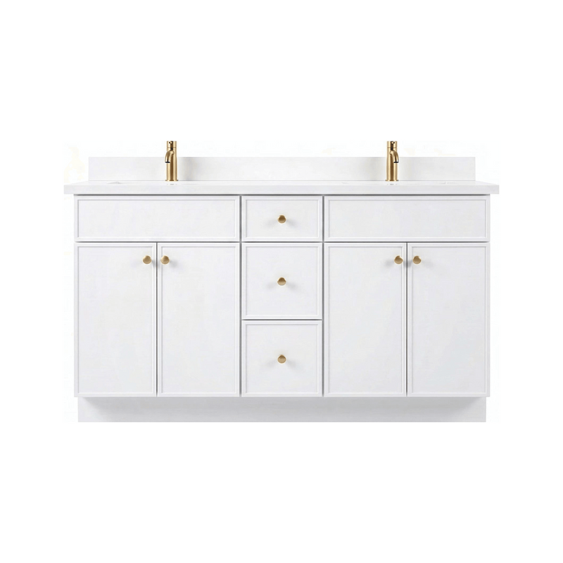 60" White Slim Shaker Bathroom Vanity with Quartz Top – Double Sink