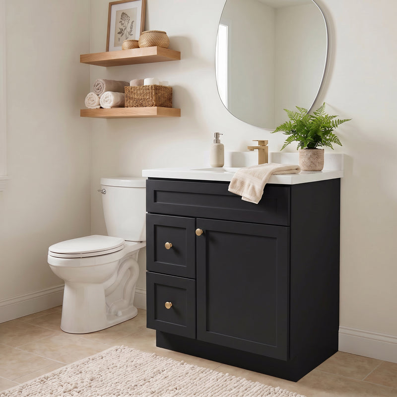 30" Black Shaker Vanity with Pure White Quartz Top