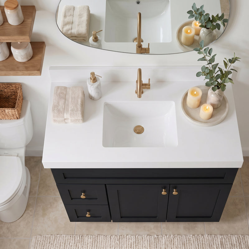 42" Black Shaker Vanity with Pure White Quartz Top