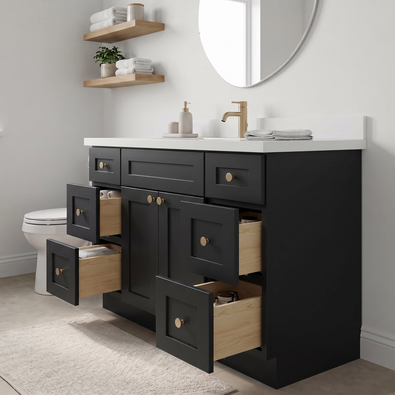48" Black Shaker Vanity with Pure White Quartz Top