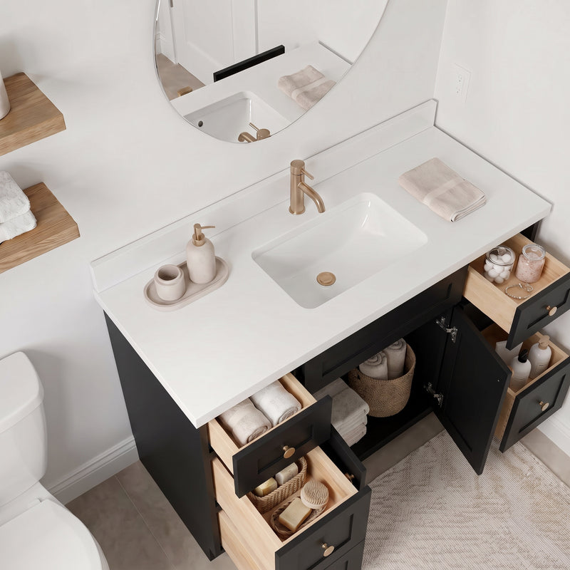 48" Black Shaker Vanity with Pure White Quartz Top