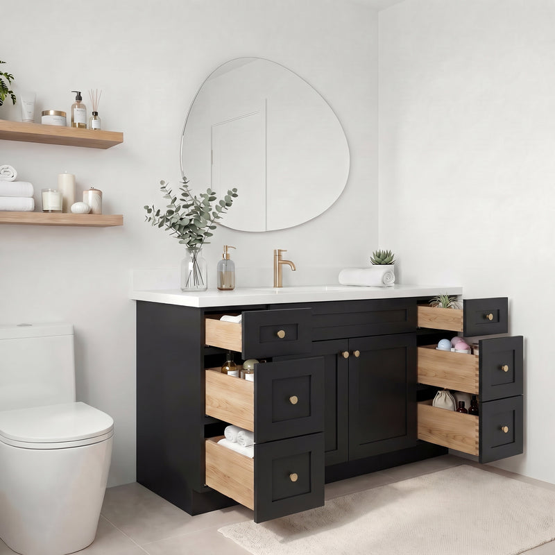 60" Black Shaker Vanity with Pure White Quartz Top