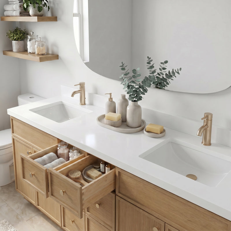 84" Slim Shaker Vanity — White Oak, 6 Drawers