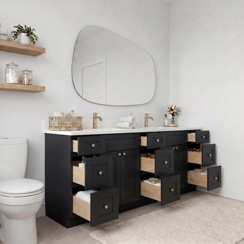 84" Black Shaker Vanity — 9 Drawers with Pure White Quartz Top