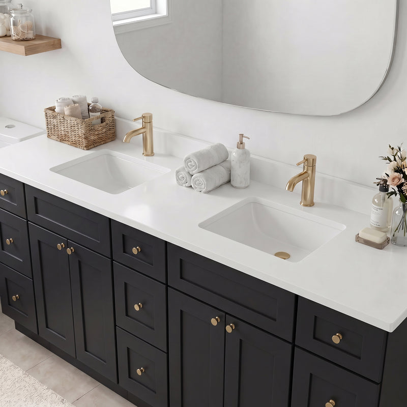 84" Black Shaker Vanity — 9 Drawers with Pure White Quartz Top