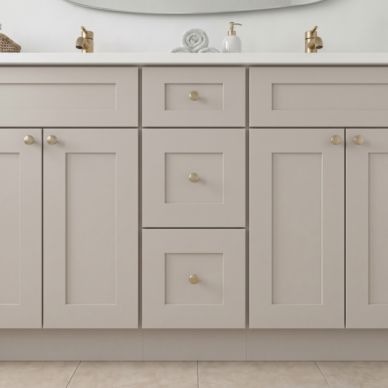 84" Shaker Bathroom Vanity – Taupe, 9 Drawers