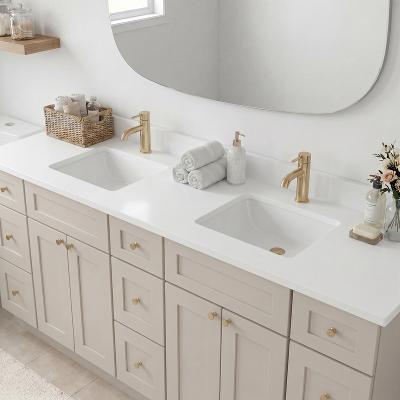 84" Shaker Bathroom Vanity – Taupe, 9 Drawers
