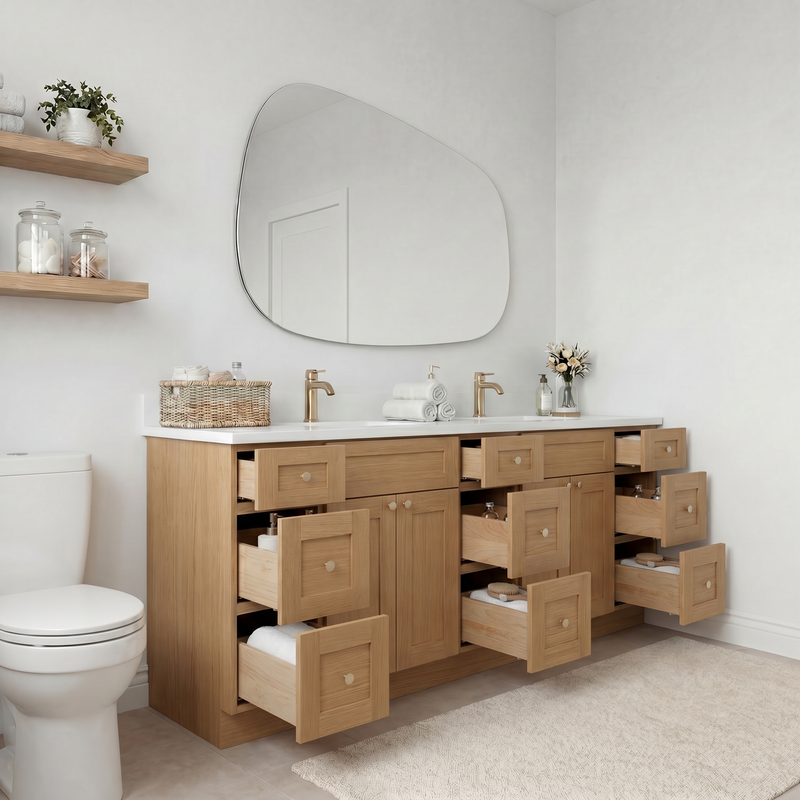 84" White Oak Shaker Vanity – Double Sink - 9 Drawers