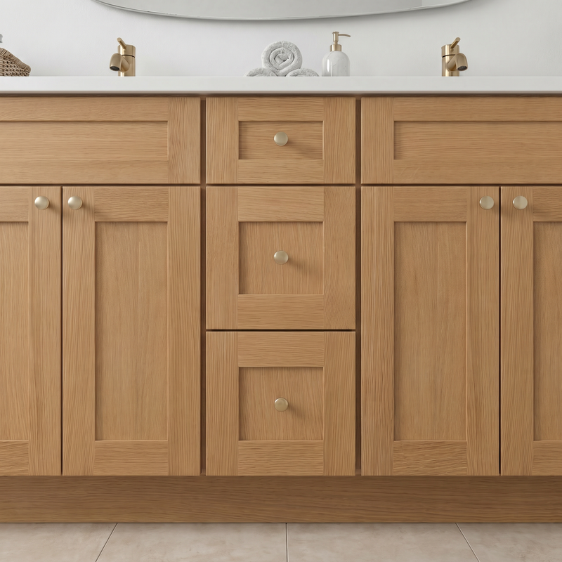 84" White Oak Shaker Vanity – Double Sink - 9 Drawers