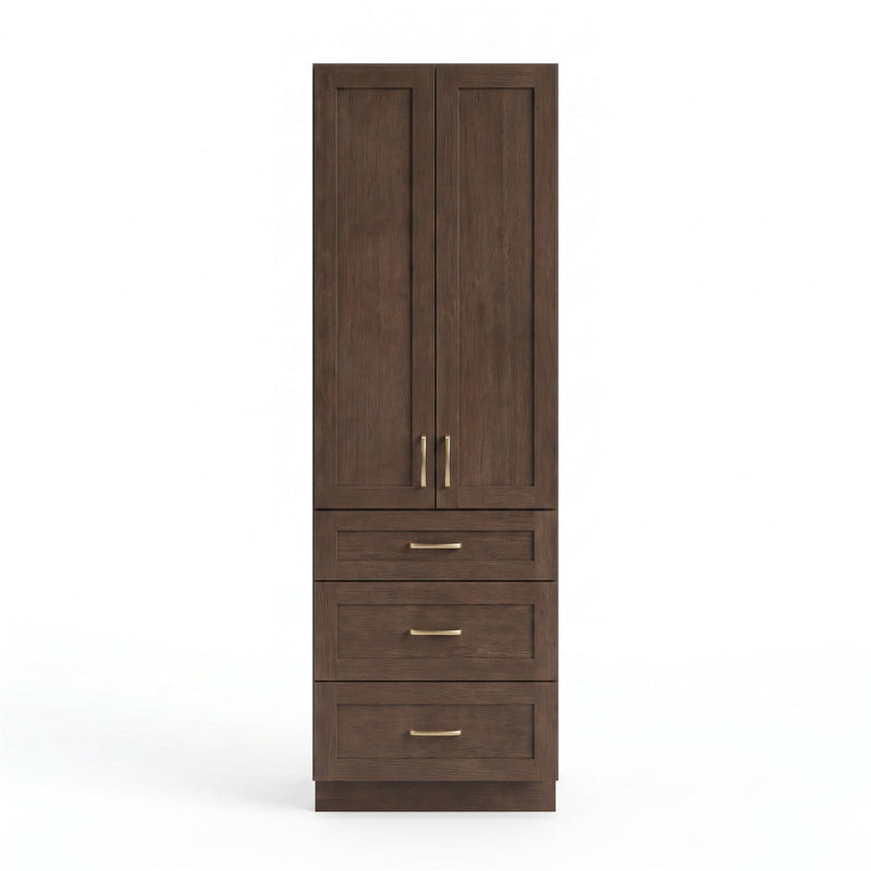 Coffee Bean Oak linen tower cabinet — front view