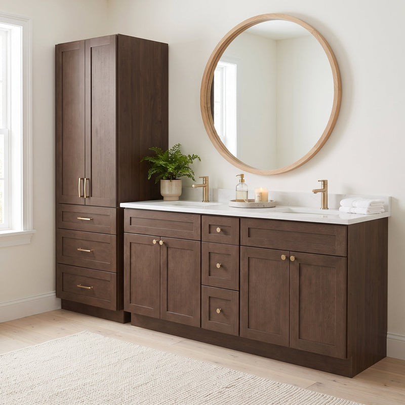 Coffee Bean Oak linen tower beside matching vanity