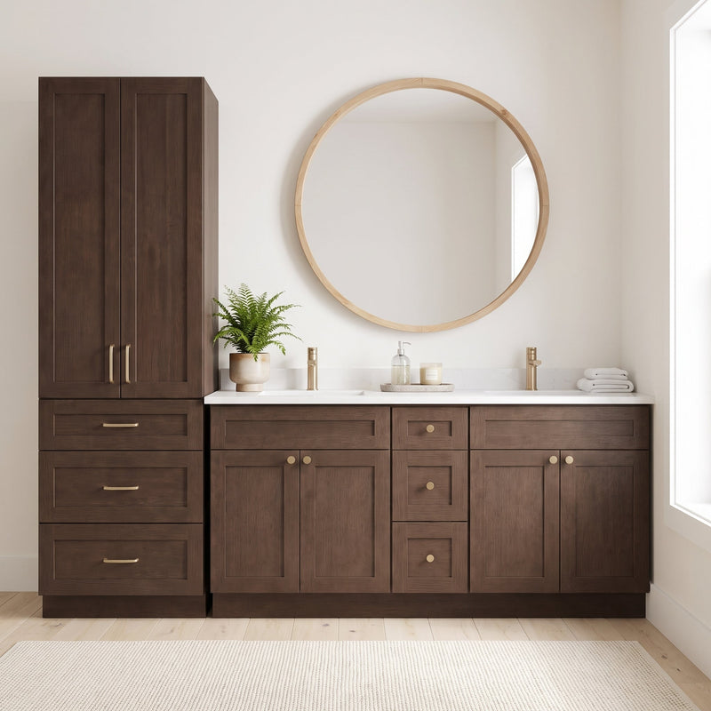 Coffee Bean Oak linen tower and vanity — front view