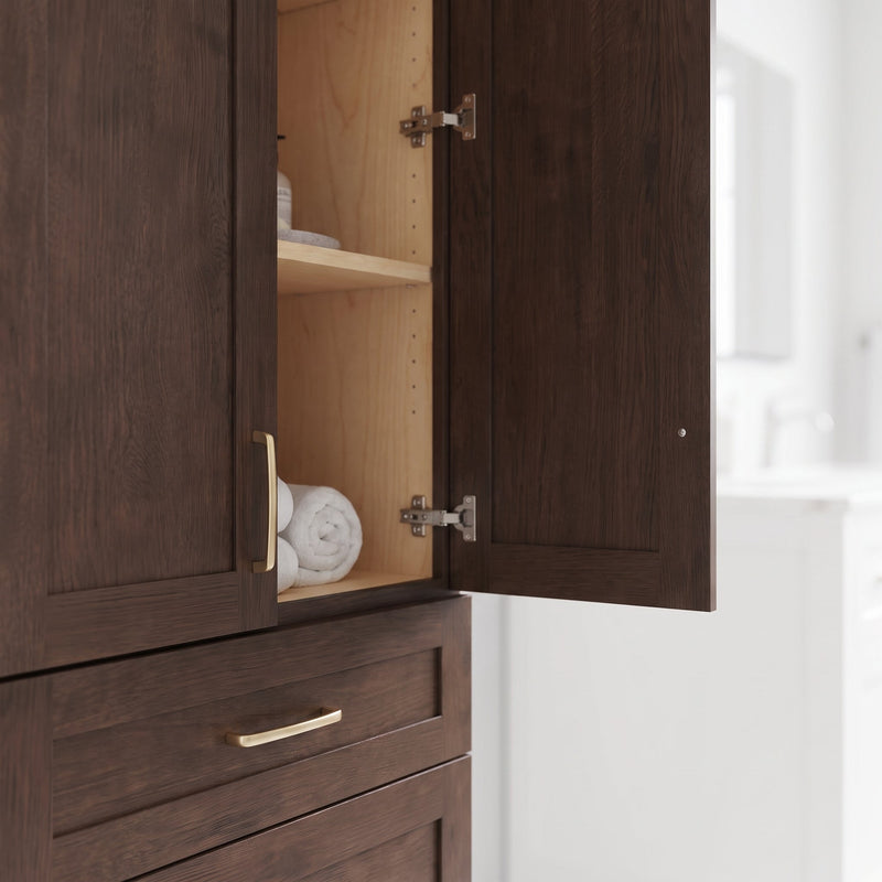 Coffee Bean Oak linen tower — door ajar, birch shelves