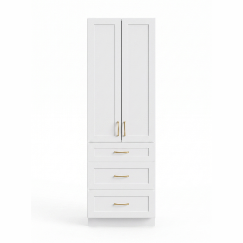 White shaker linen tower cabinet with satin gold pulls — front view