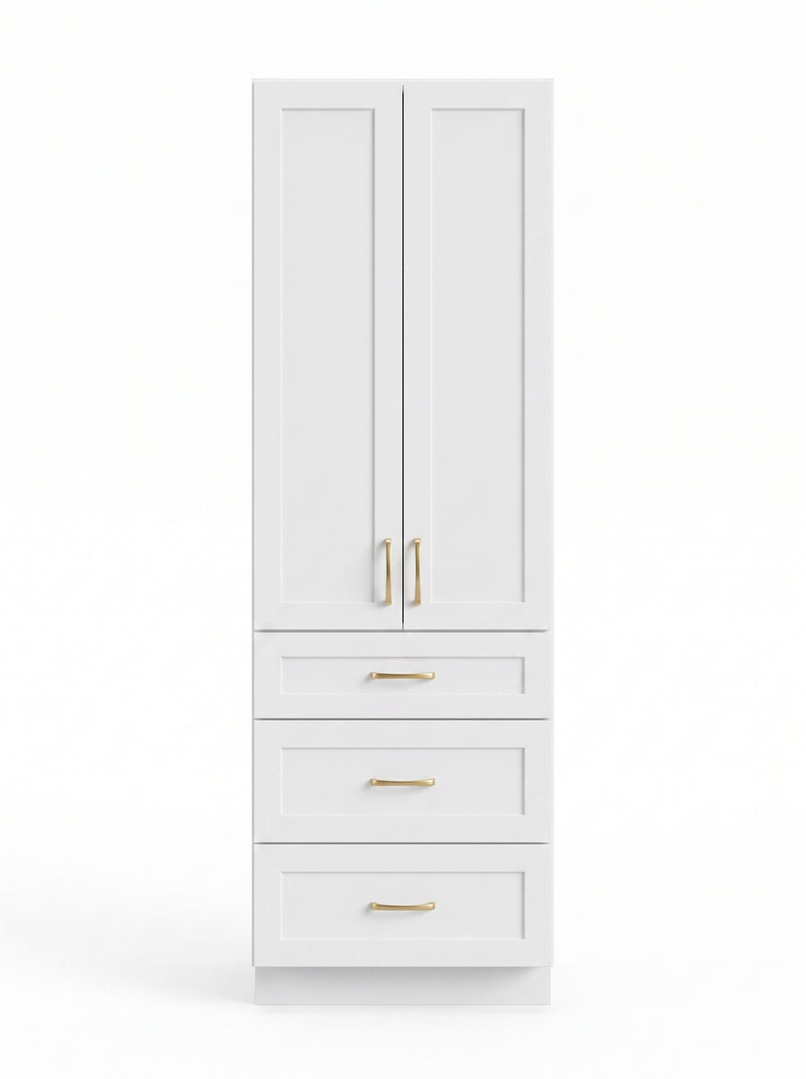 White shaker linen tower cabinet with satin gold pulls — front view