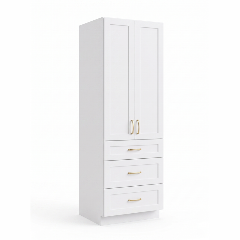 White shaker linen tower cabinet — left angle view