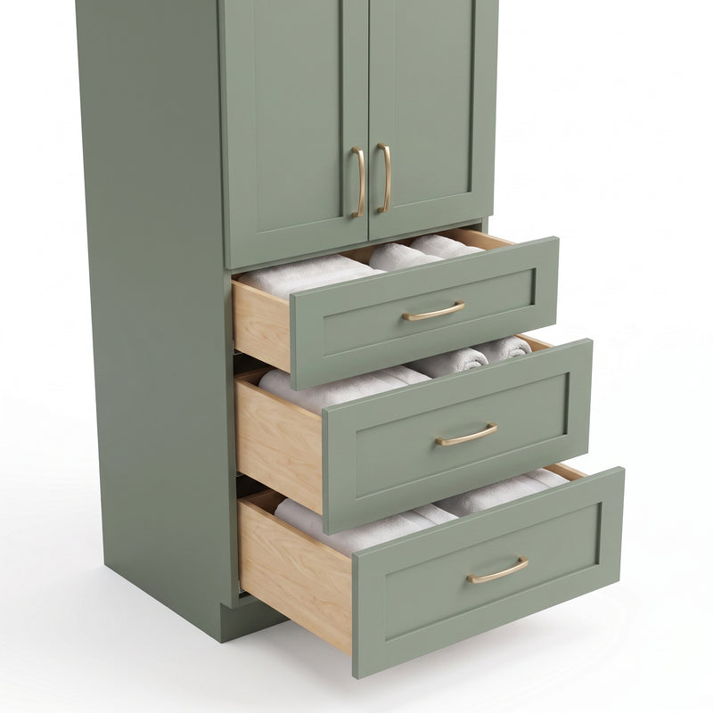 Olive green linen tower open drawers