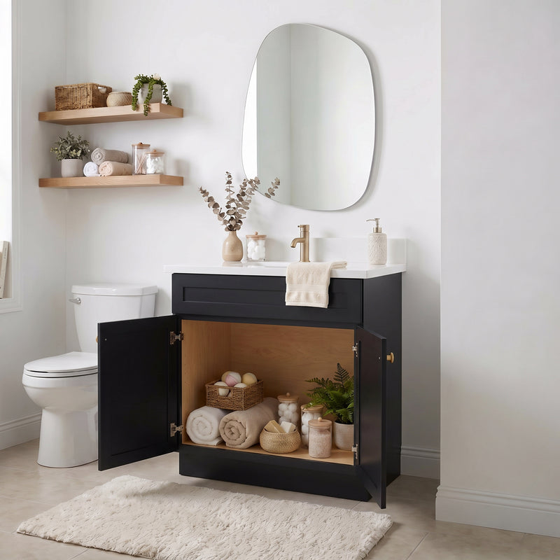 30" Black Slim Shaker Vanity with Pure White Quartz Top