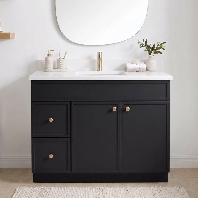 42" Black Slim Shaker Vanity with Pure White Quartz Top