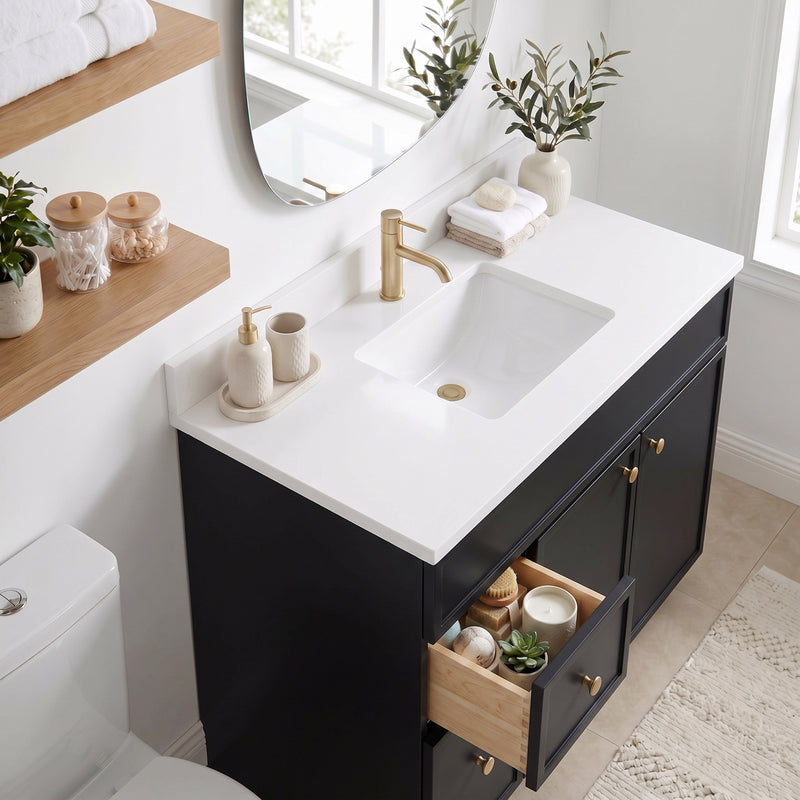 42" Black Slim Shaker Vanity with Pure White Quartz Top