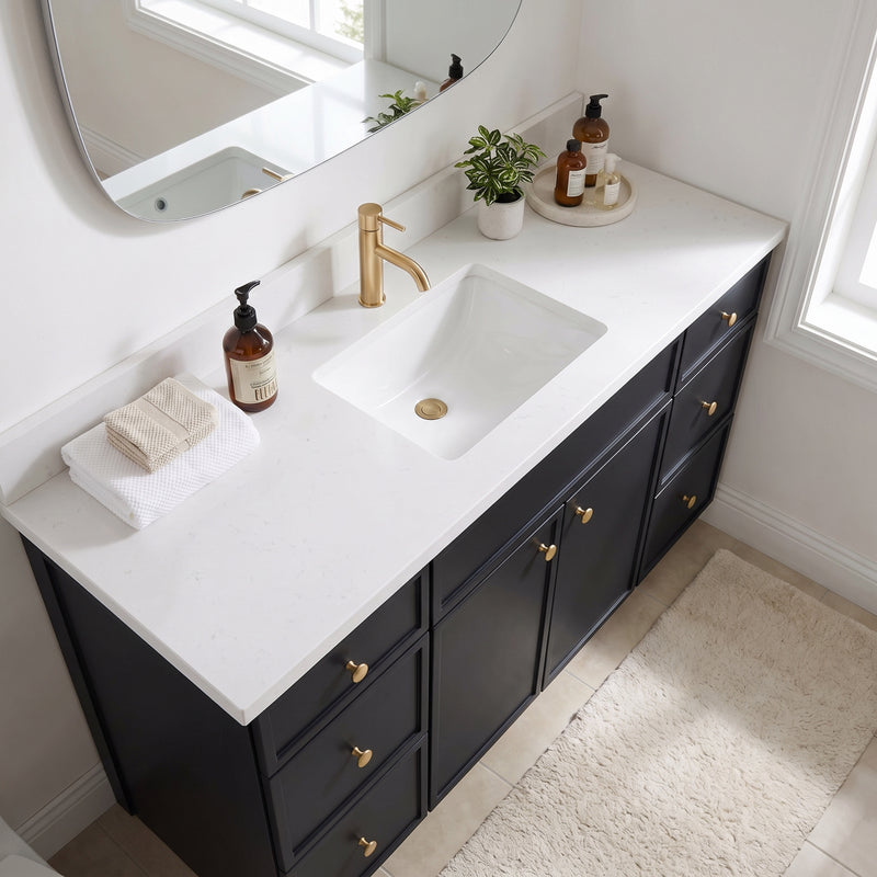 60" Black Slim Shaker Vanity with Pure White Quartz Top