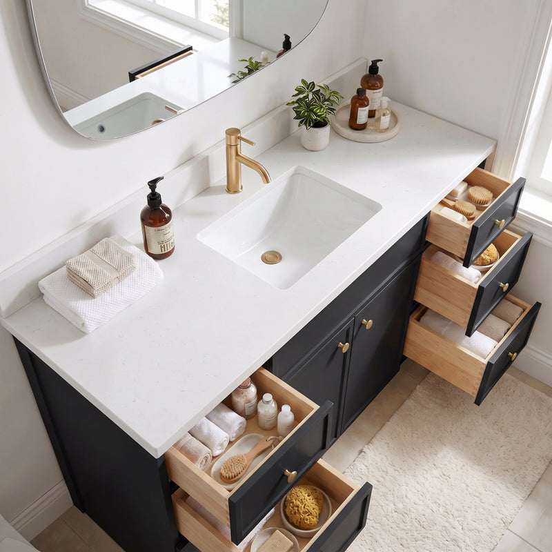 60" Black Slim Shaker Vanity with Pure White Quartz Top