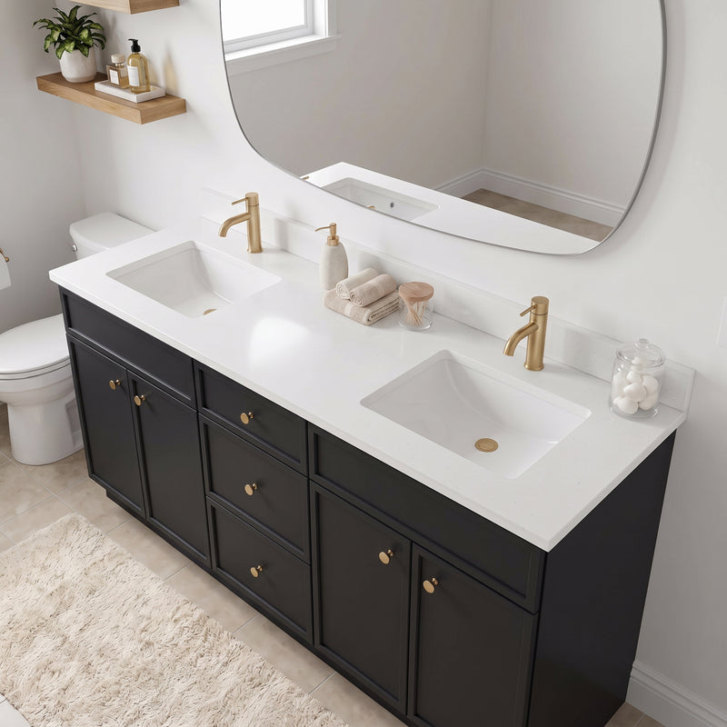 72" Black Slim Shaker Double Vanity with Pure White Quartz Top