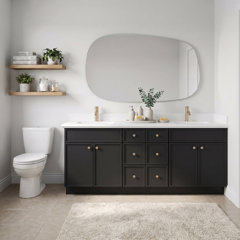 84" Black Slim Shaker Vanity — 6 Drawers with Pure White Quartz Top
