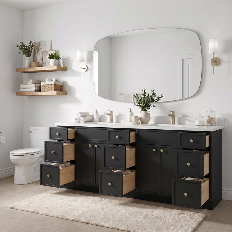 84" Black Slim Shaker Vanity — 9 Drawers with Pure White Quartz Top