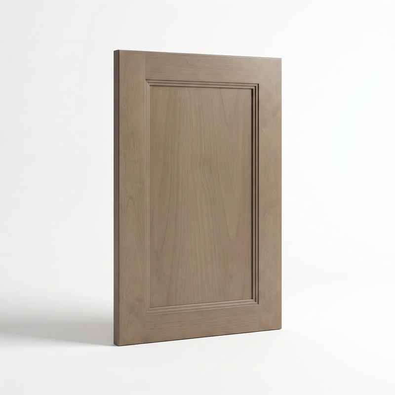 Willowdale door finish sample — greige maple with scribe-groove frame