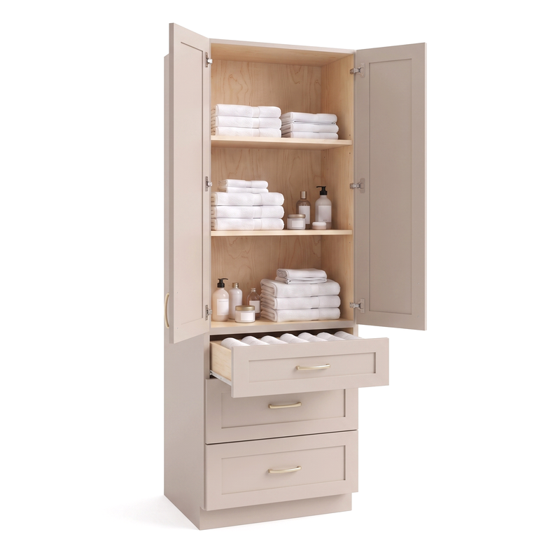 Taupe linen tower — doors and drawer open