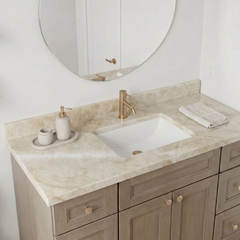 Cream quartzite top with 1.5" mitered edge