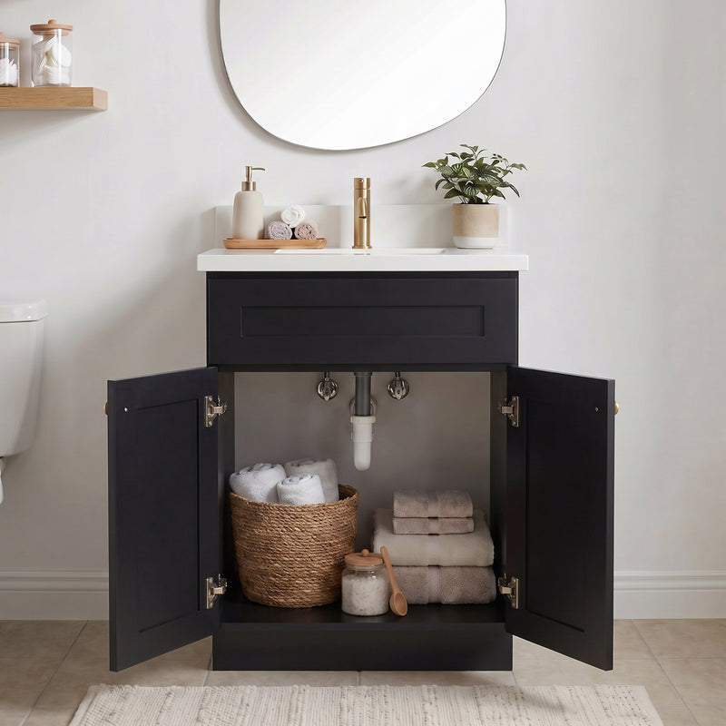 24" Black Shaker Vanity with Pure White Quartz Top