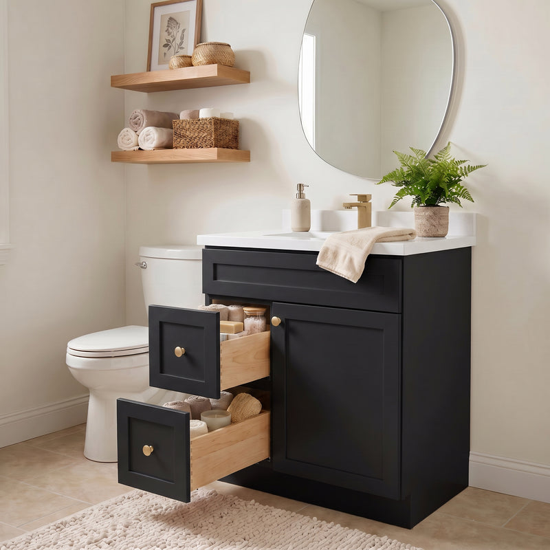 30" Black Shaker Vanity with Pure White Quartz Top