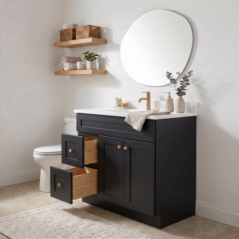 36" Black Shaker Vanity with Pure White Quartz Top