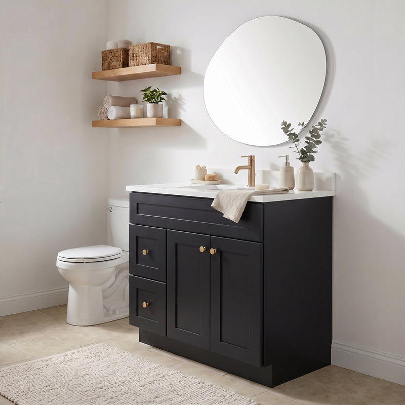 36" Black Shaker Vanity with Pure White Quartz Top