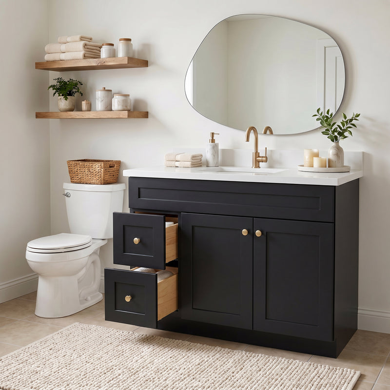 42" Black Shaker Vanity with Pure White Quartz Top