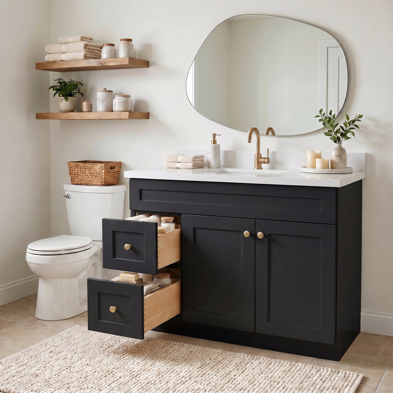 42" Black Shaker Vanity with Pure White Quartz Top