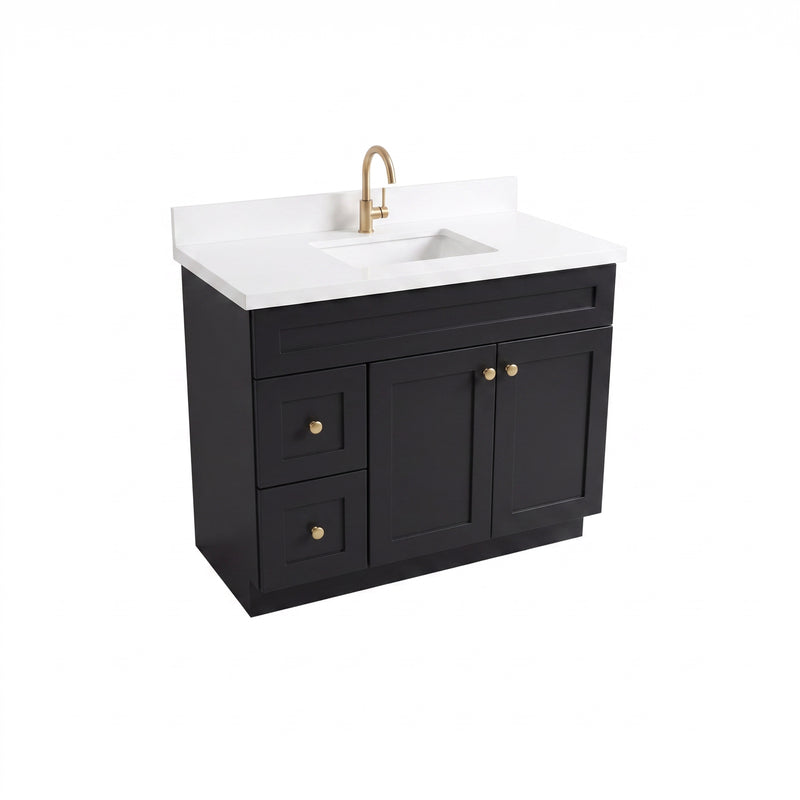 42" Black Shaker Vanity with Pure White Quartz Top