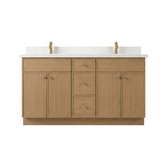 60" White Oak Slim Shaker Bathroom Vanity with Quartz Top – Double Sink