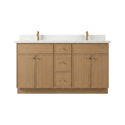 60" White Oak Slim Shaker Bathroom Vanity with Quartz Top – Double Sink