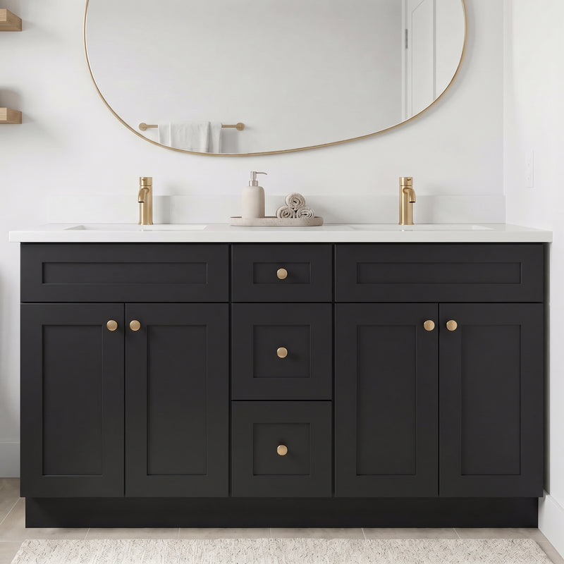 60" Black Shaker Double Vanity with Pure White Quartz Top