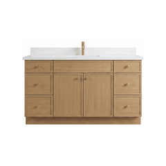 60" White Oak Slim Shaker Bathroom Vanity with Quartz Top – Single Sink
