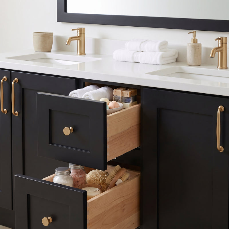 72" Black Shaker Double Vanity with Pure White Quartz Top