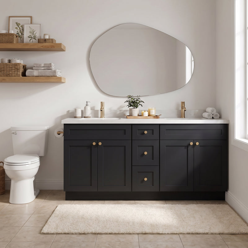 72" Black Shaker Double Vanity with Pure White Quartz Top