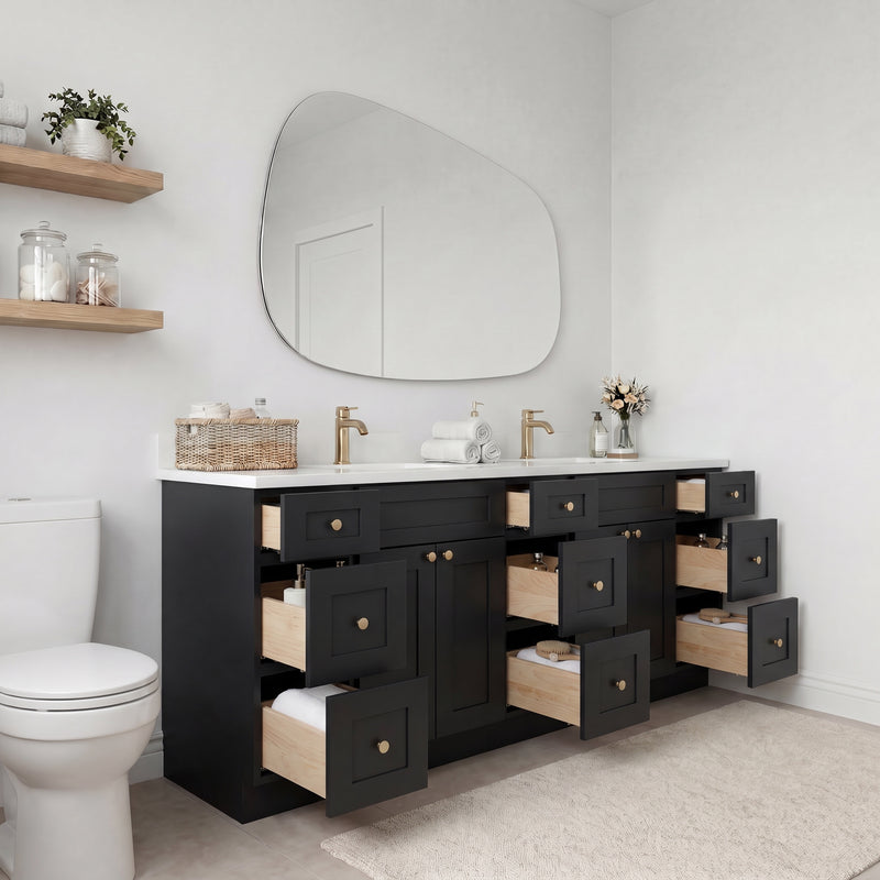 84" Black Shaker Vanity — 6 Drawers with Pure White Quartz Top