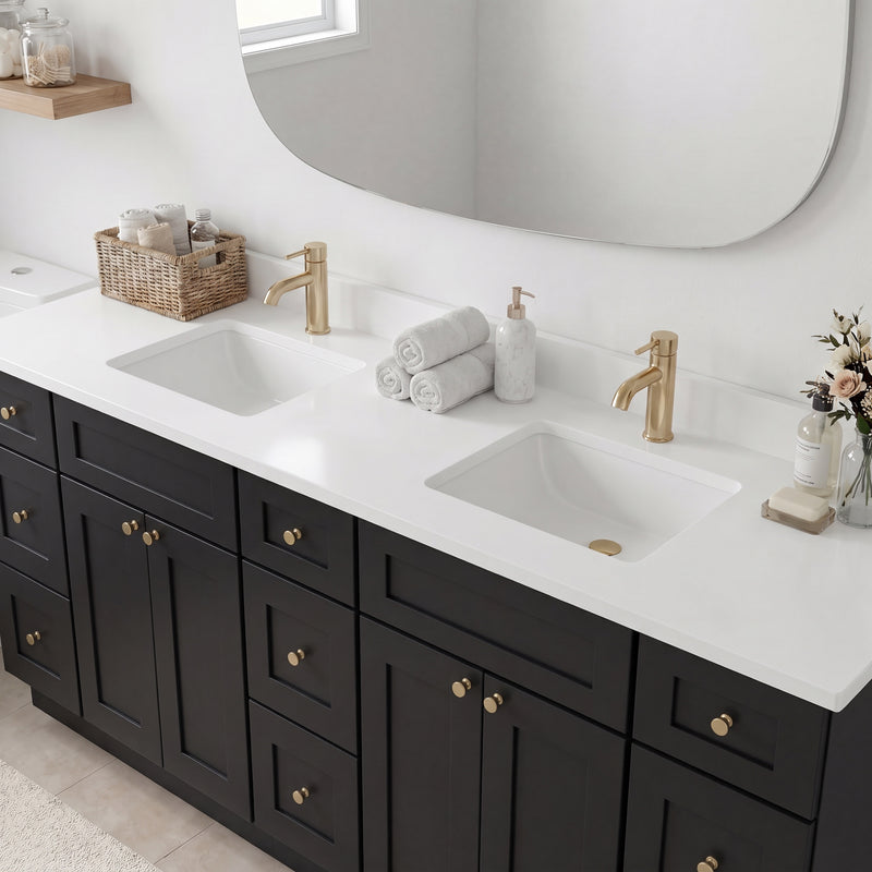 84" Black Shaker Vanity — 6 Drawers with Pure White Quartz Top