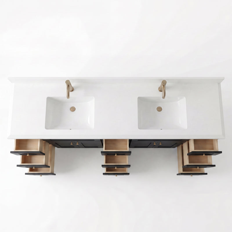84" Black Shaker Vanity — 6 Drawers with Pure White Quartz Top