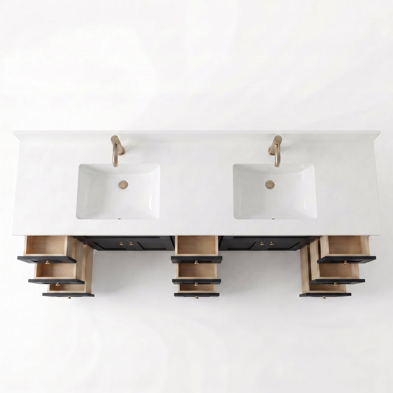 84" Black Shaker Vanity — 9 Drawers with Pure White Quartz Top