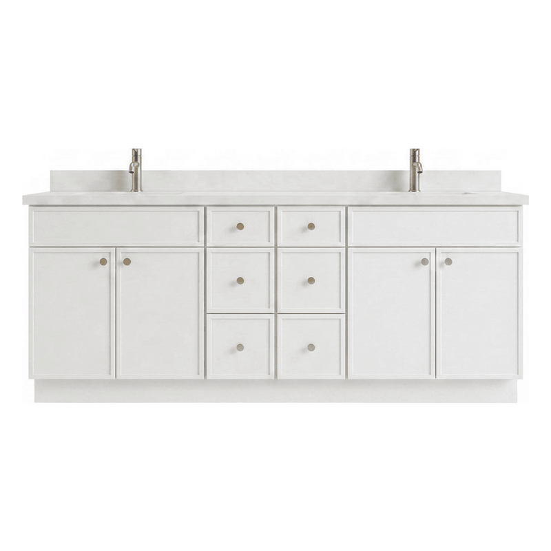 84" White Slim Shaker Bathroom Vanity with Quartz Top – 6 Drawers
